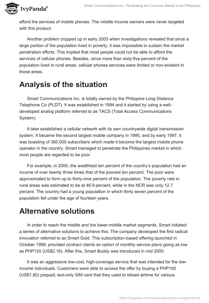 Smart Communications Inc.: Penetrating the Consumer Market in the Philippines. Page 2