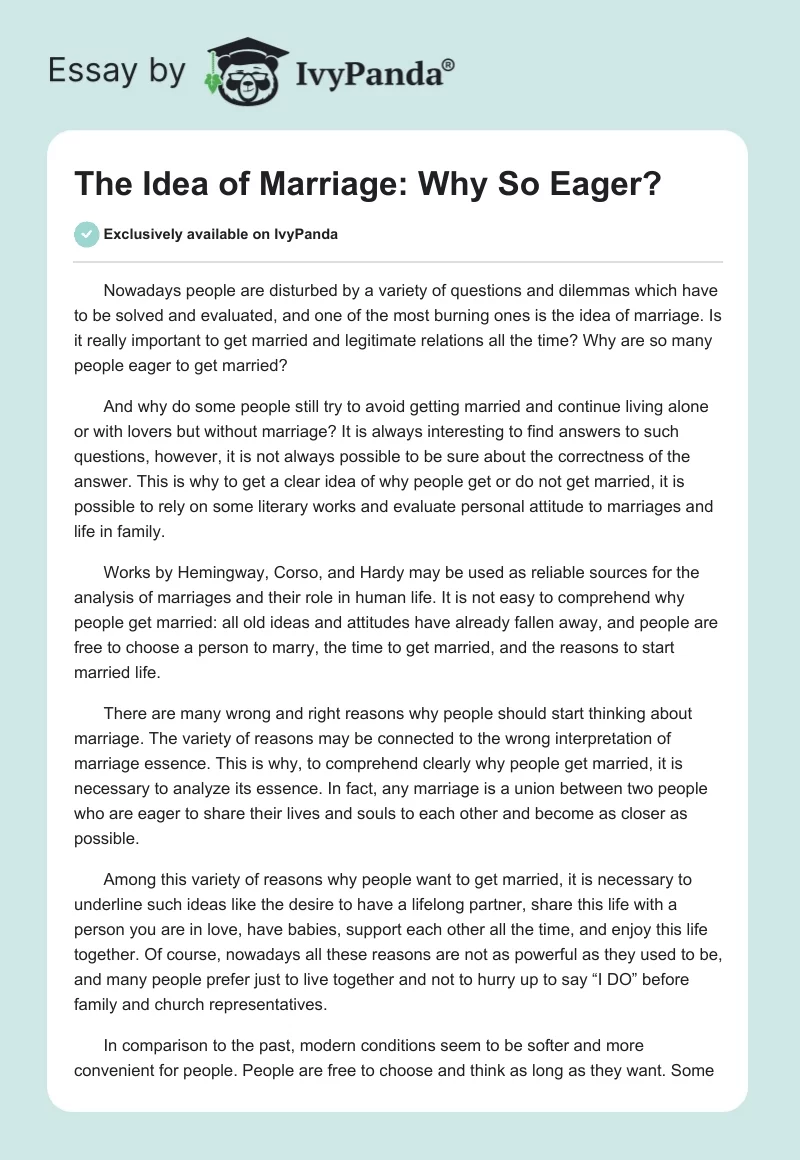The Idea of Marriage: Why So Eager?. Page 1