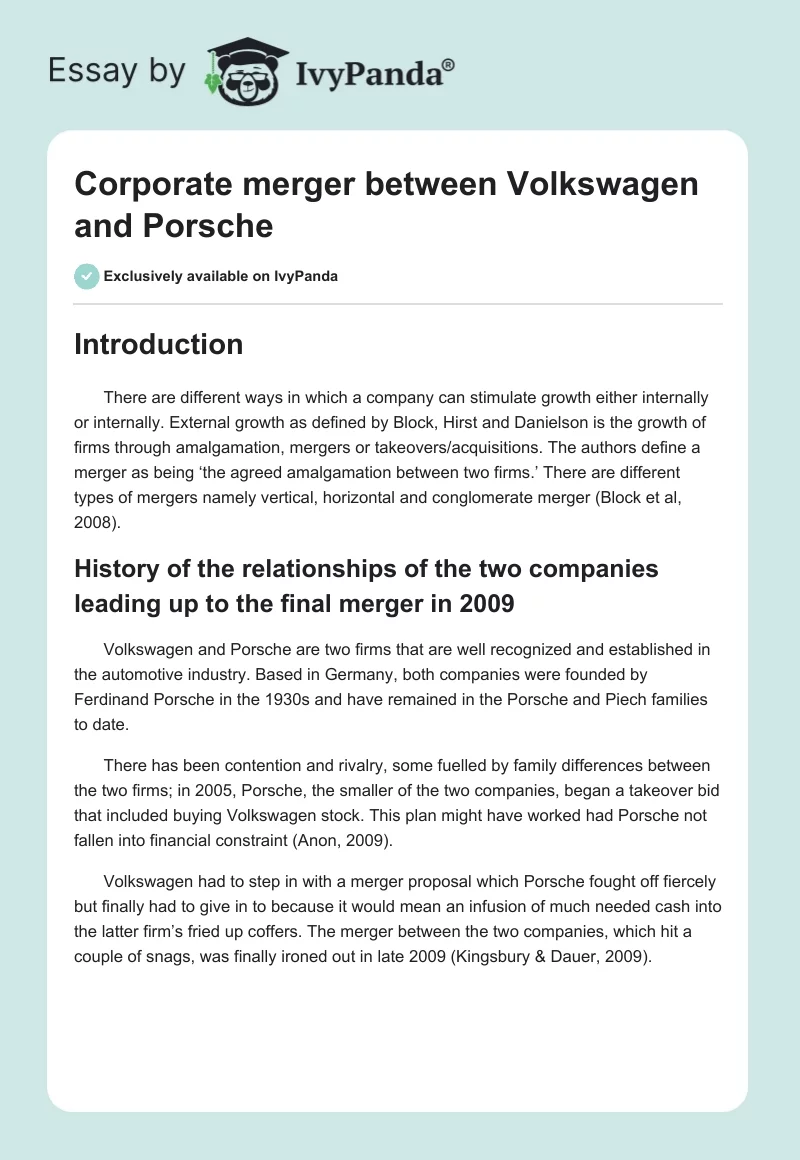 Corporate Merger Between Volkswagen and Porsche. Page 1