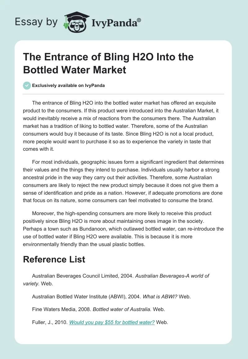 The Entrance of Bling H2O Into the Bottled Water Market. Page 1