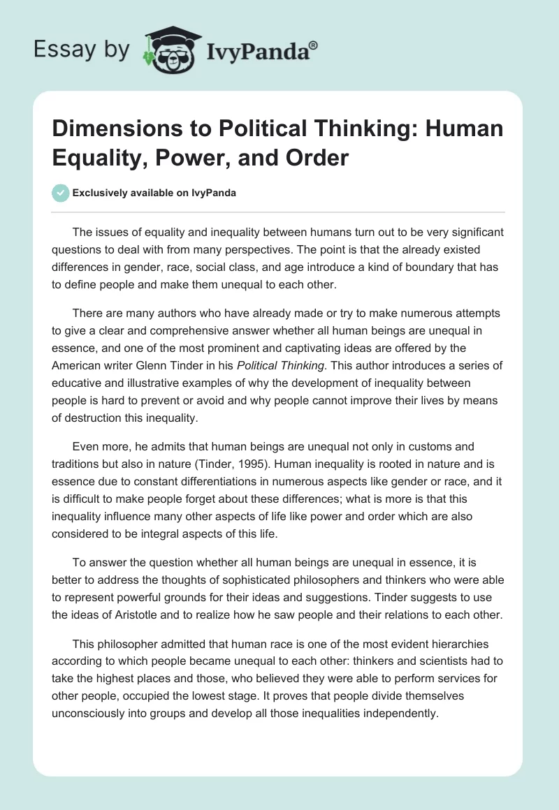 Dimensions to Political Thinking: Human Equality, Power, and Order. Page 1