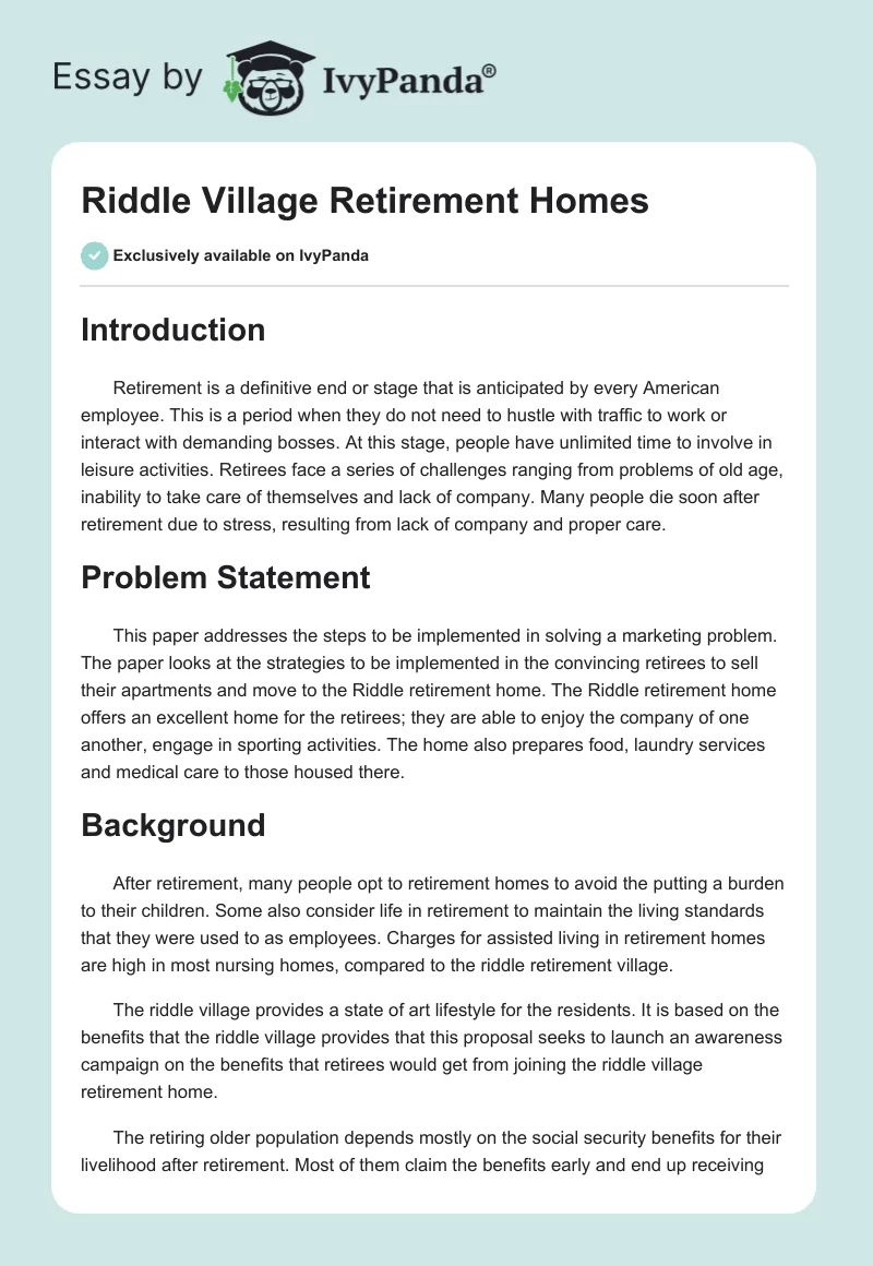 Riddle Village Retirement Homes. Page 1