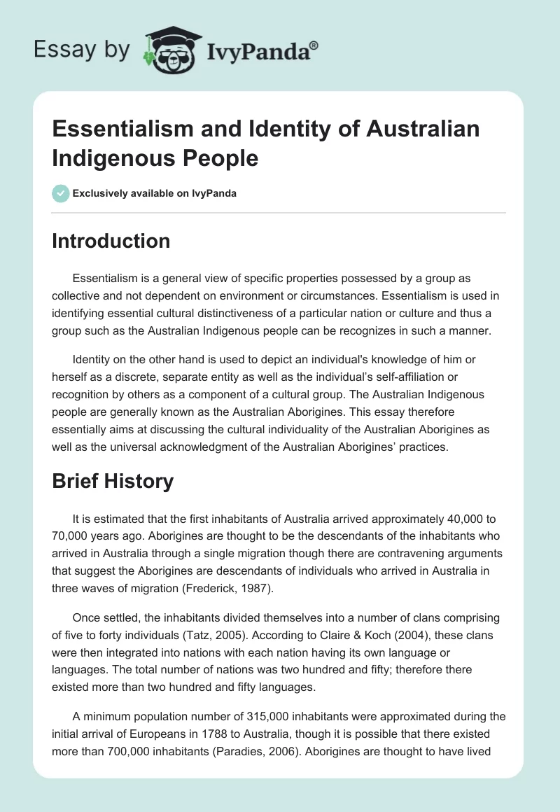 Essentialism and Identity of Australian Indigenous People. Page 1