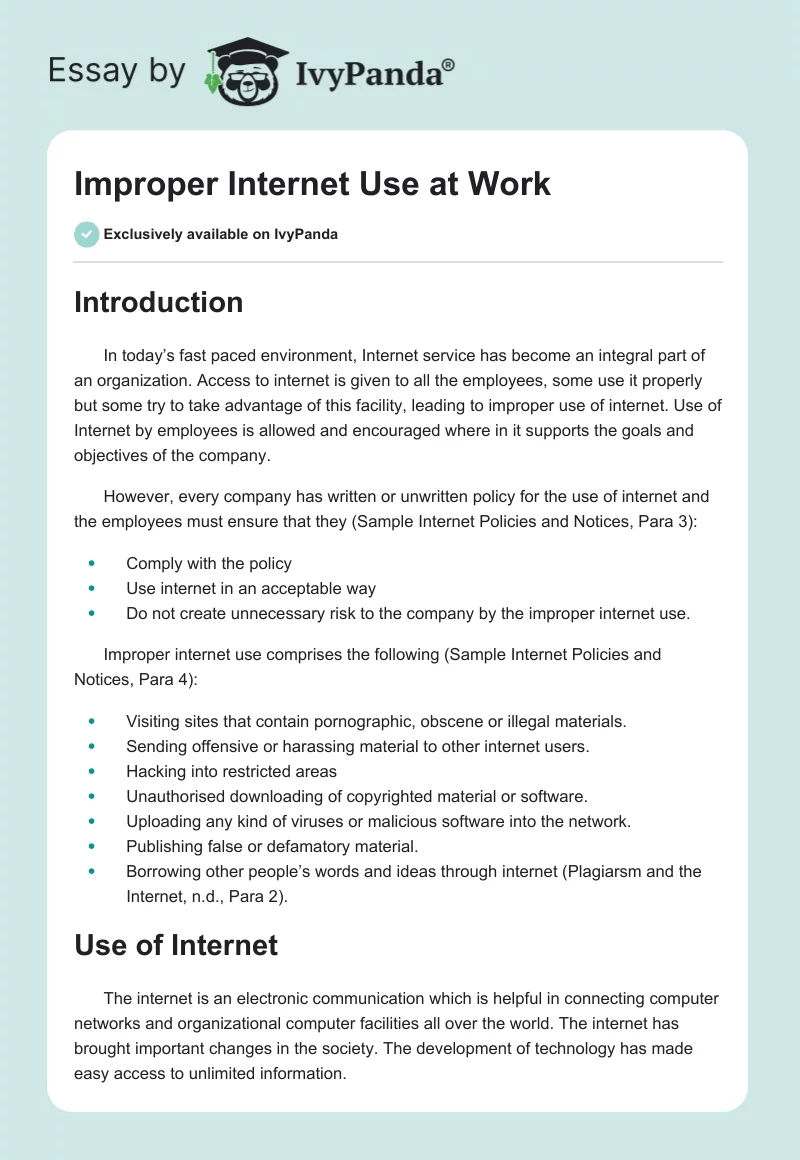 Improper Internet Use at Work. Page 1