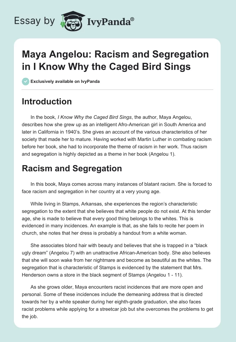 Maya Angelou: Racism and Segregation in "I Know Why the Caged Bird Sings". Page 1