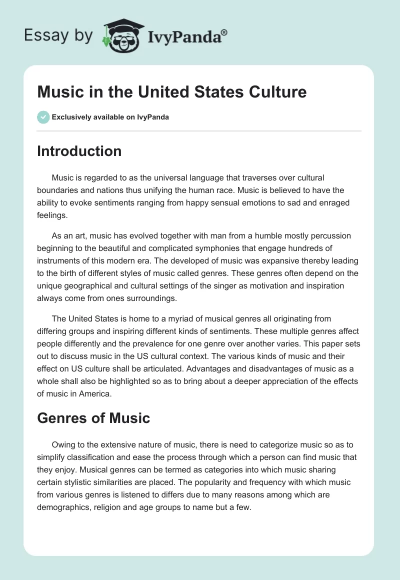 Music in the United States Culture. Page 1