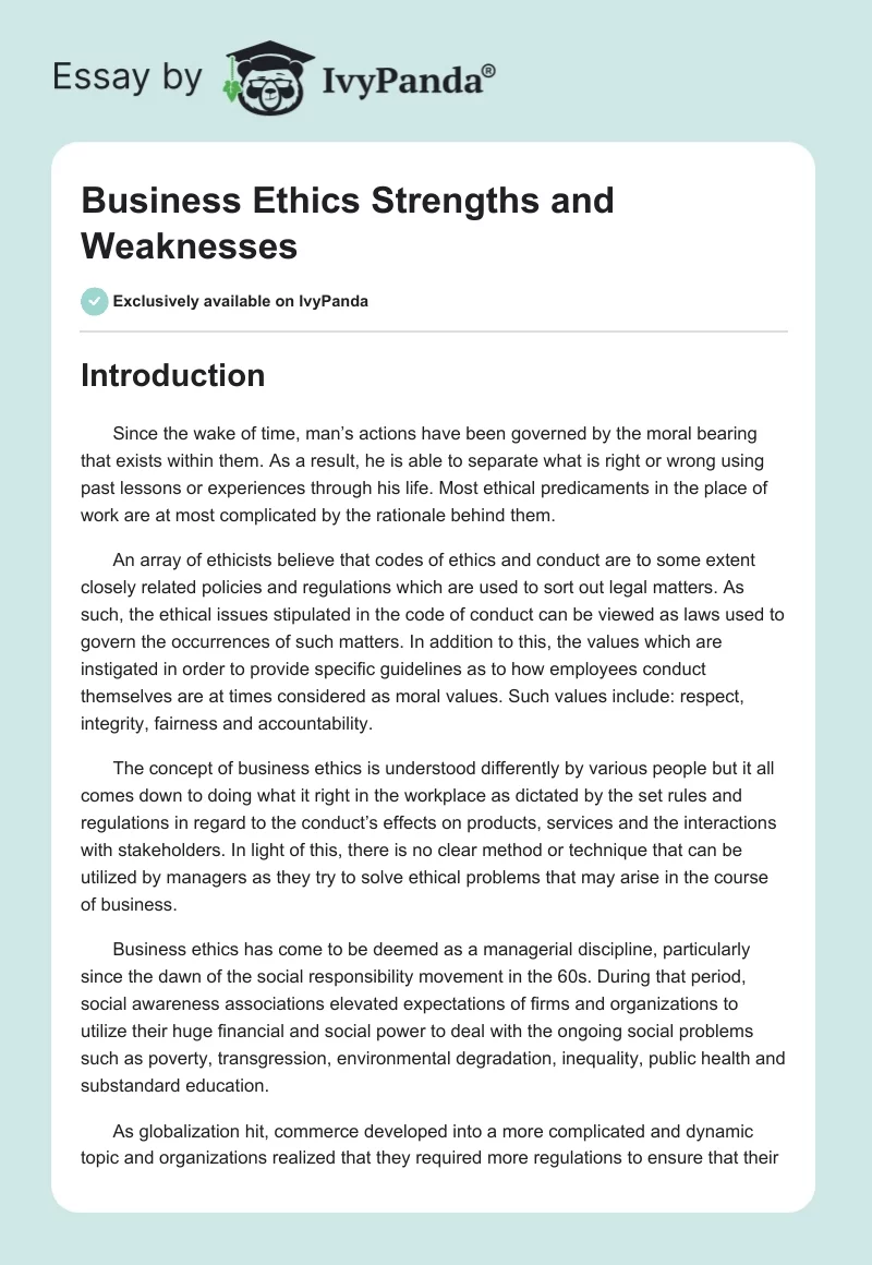 Business Ethics Strengths and Weaknesses. Page 1