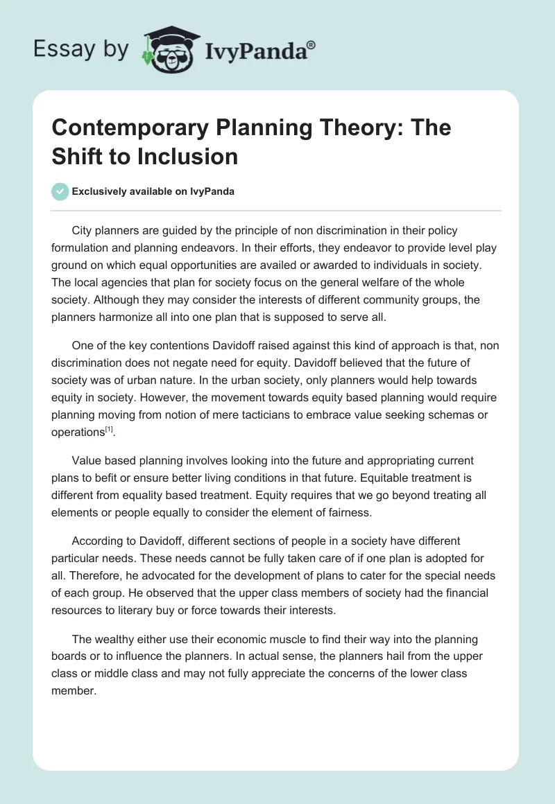 Contemporary Planning Theory: The Shift to Inclusion. Page 1