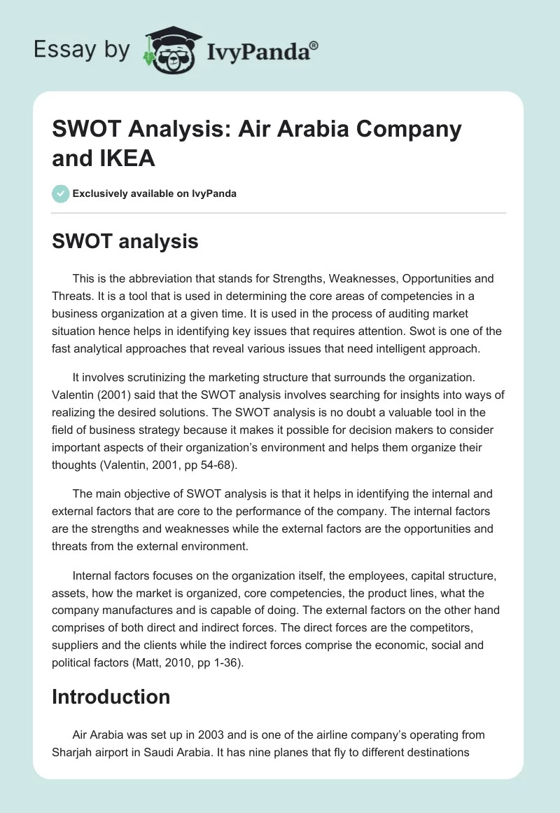 SWOT Analysis: Air Arabia Company and IKEA. Page 1