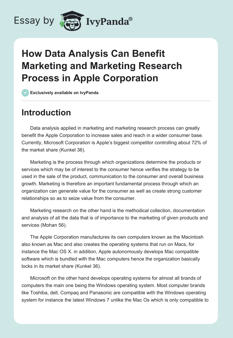 How Data Analysis Can Benefit Marketing and Marketing Research Process in Apple Corporation. Page 1