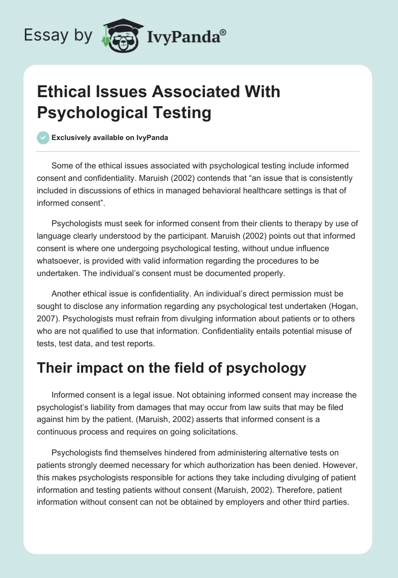 Ethical Issues Associated With Psychological Testing. Page 1