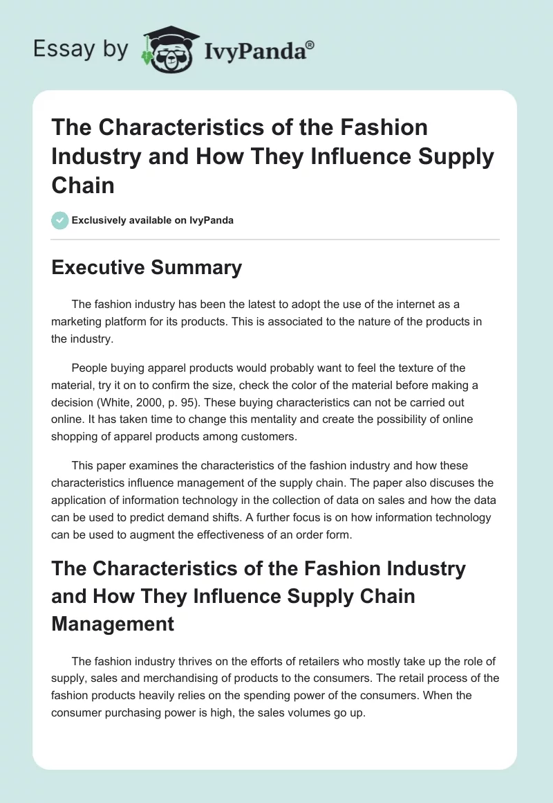 The Characteristics of the Fashion Industry and How They Influence Supply Chain. Page 1