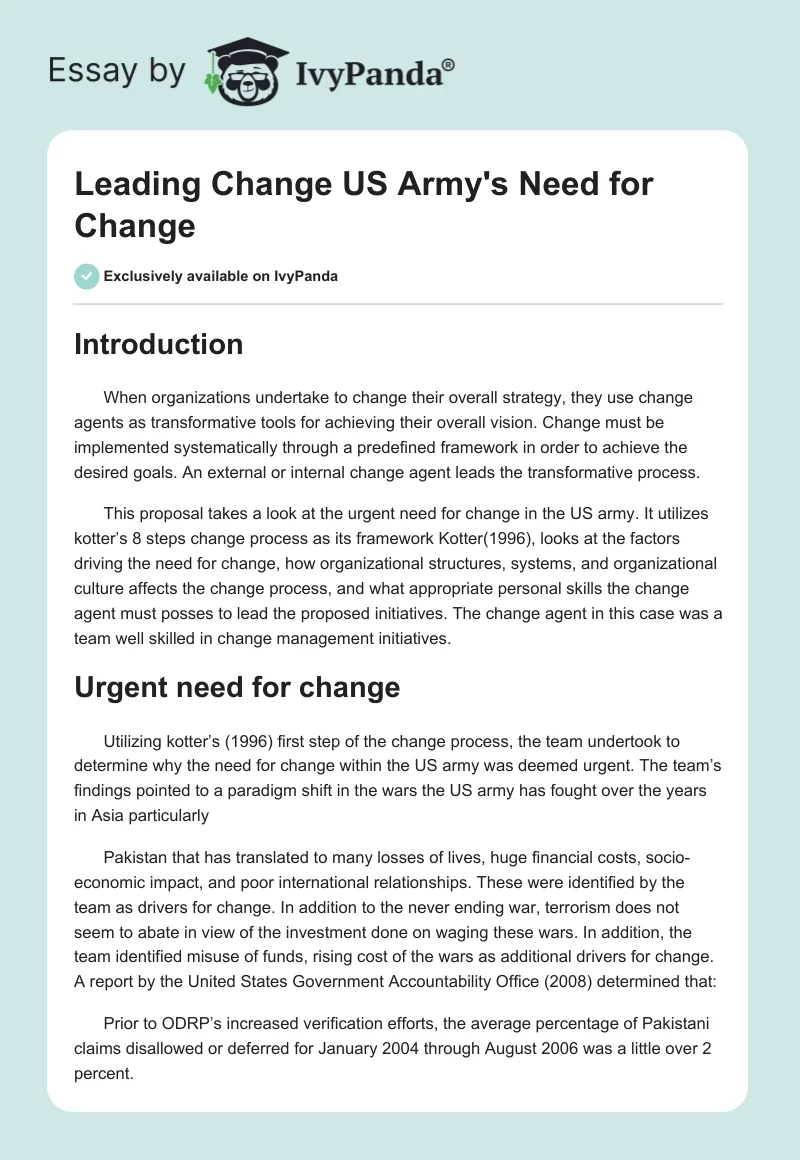 Leading Change US Army's Need for Change. Page 1