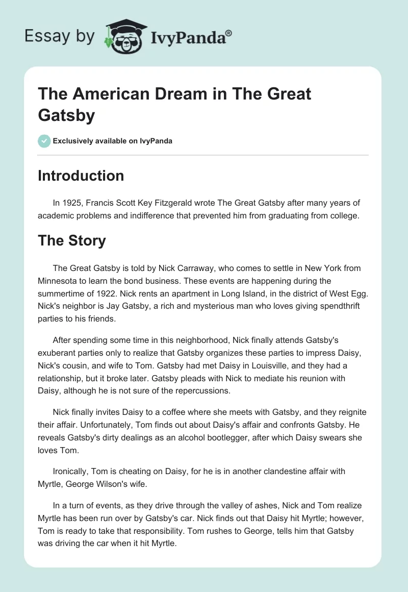 The American Dream in The Great Gatsby. Page 1
