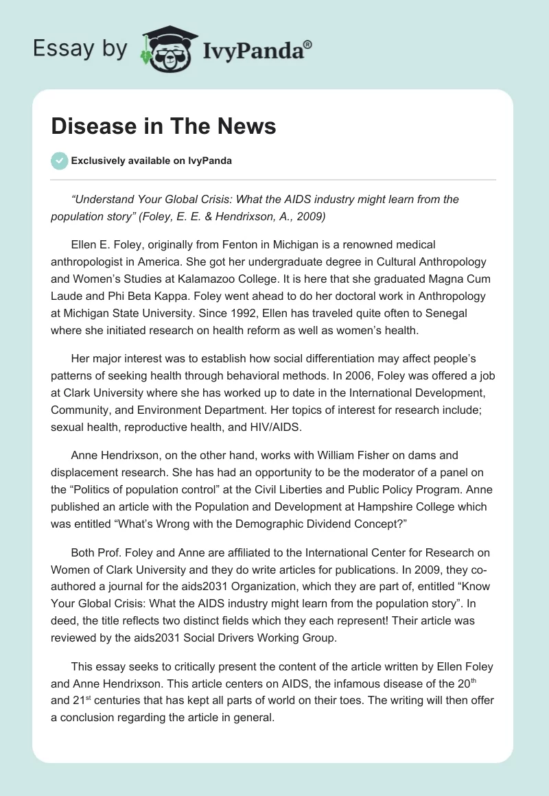 Disease in The News. Page 1