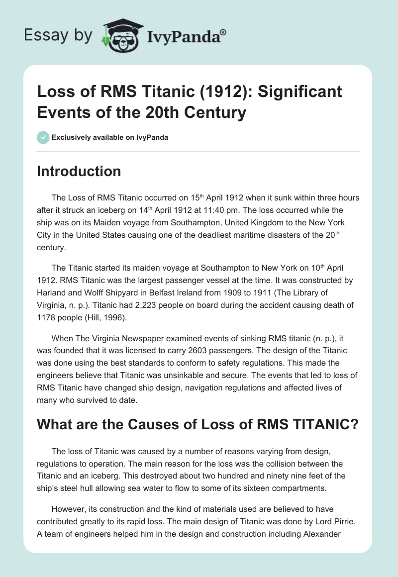 Loss of RMS Titanic (1912): Significant Events of the 20th Century. Page 1