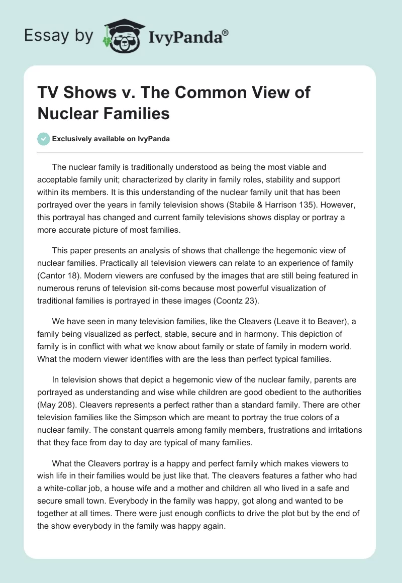 TV Shows v. The Common View of Nuclear Families. Page 1