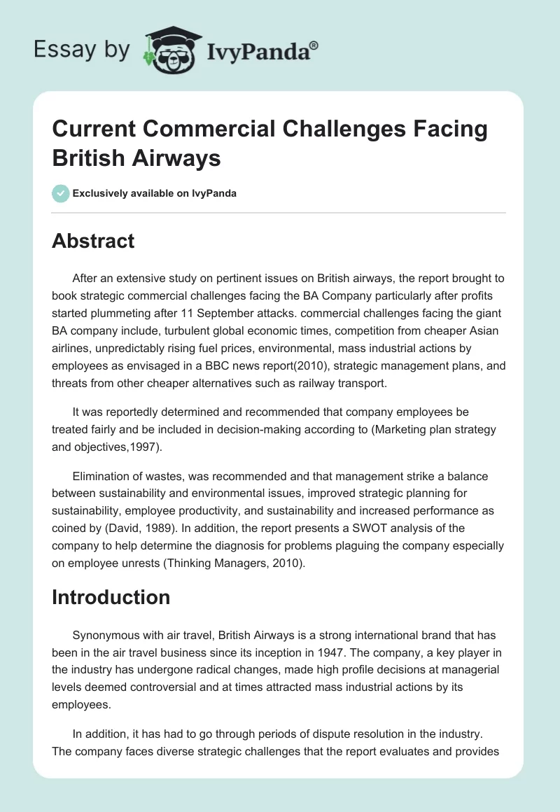 British Airways Challenges Report Example. Page 1
