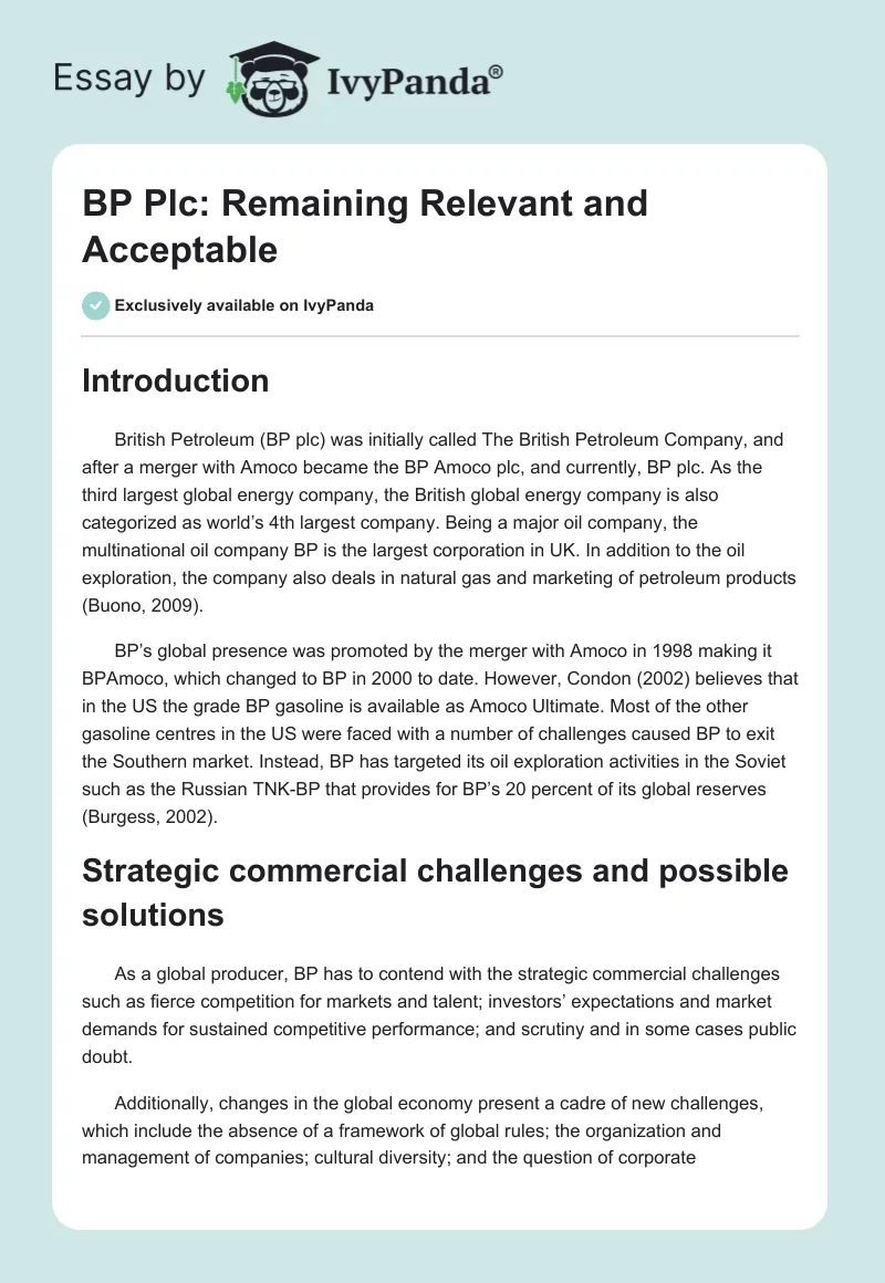 BP Plc: Remaining Relevant and Acceptable. Page 1