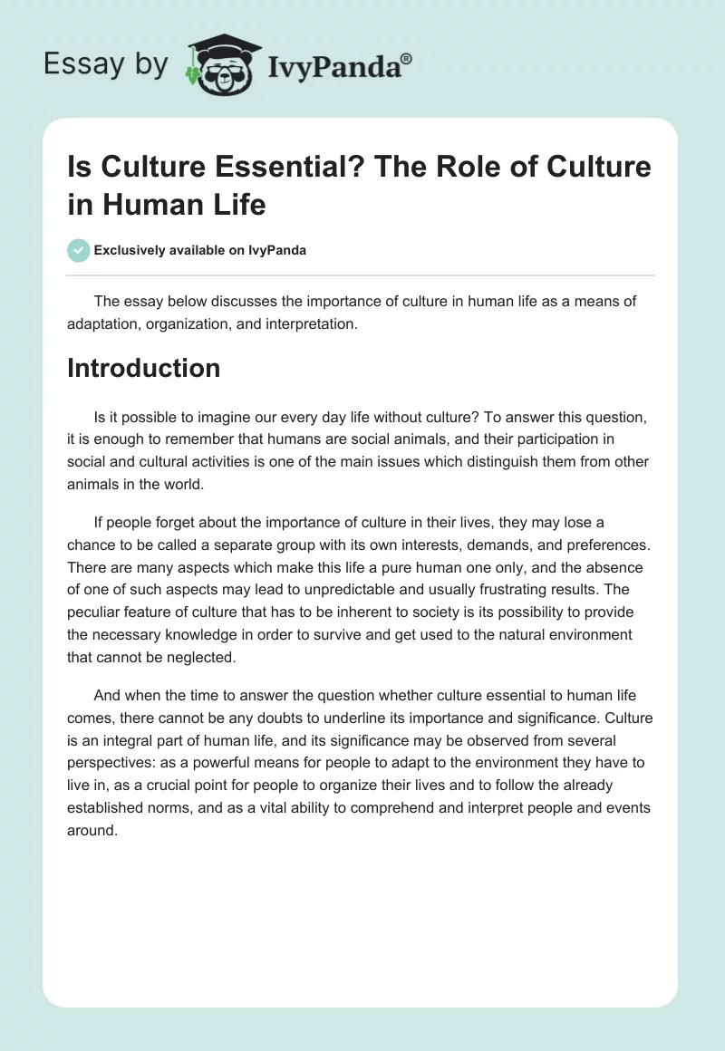Is Culture Essential? The Role of Culture in Human Life. Page 1