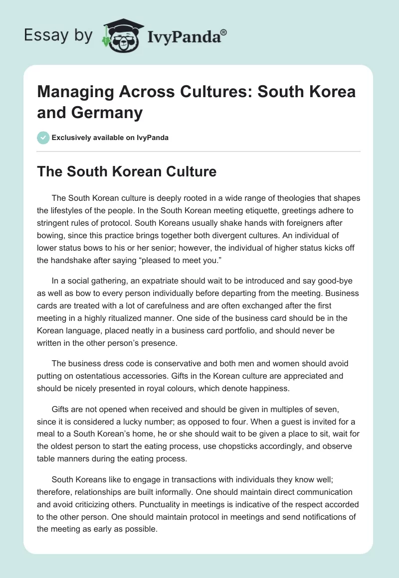Managing Across Cultures: South Korea and Germany. Page 1