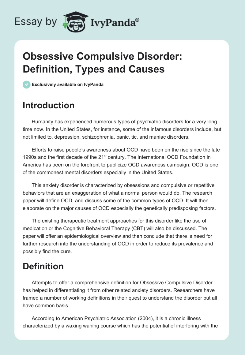 Obsessive Compulsive Disorder: Definition, Types and Causes. Page 1