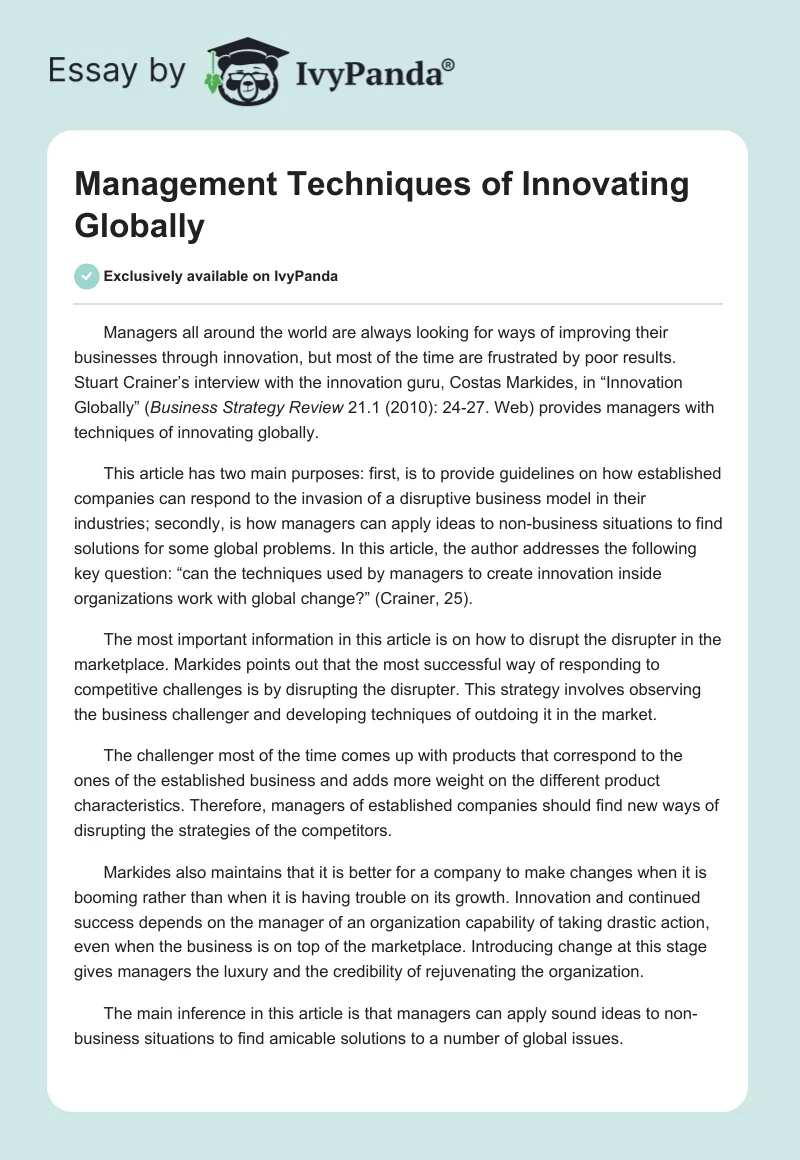 Management Techniques of Innovating Globally. Page 1