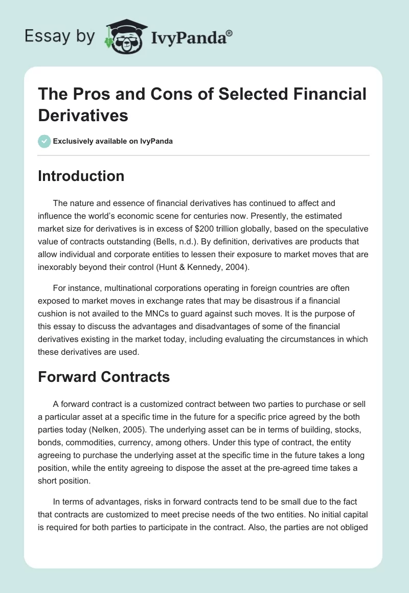 The Pros and Cons of Selected Financial Derivatives. Page 1