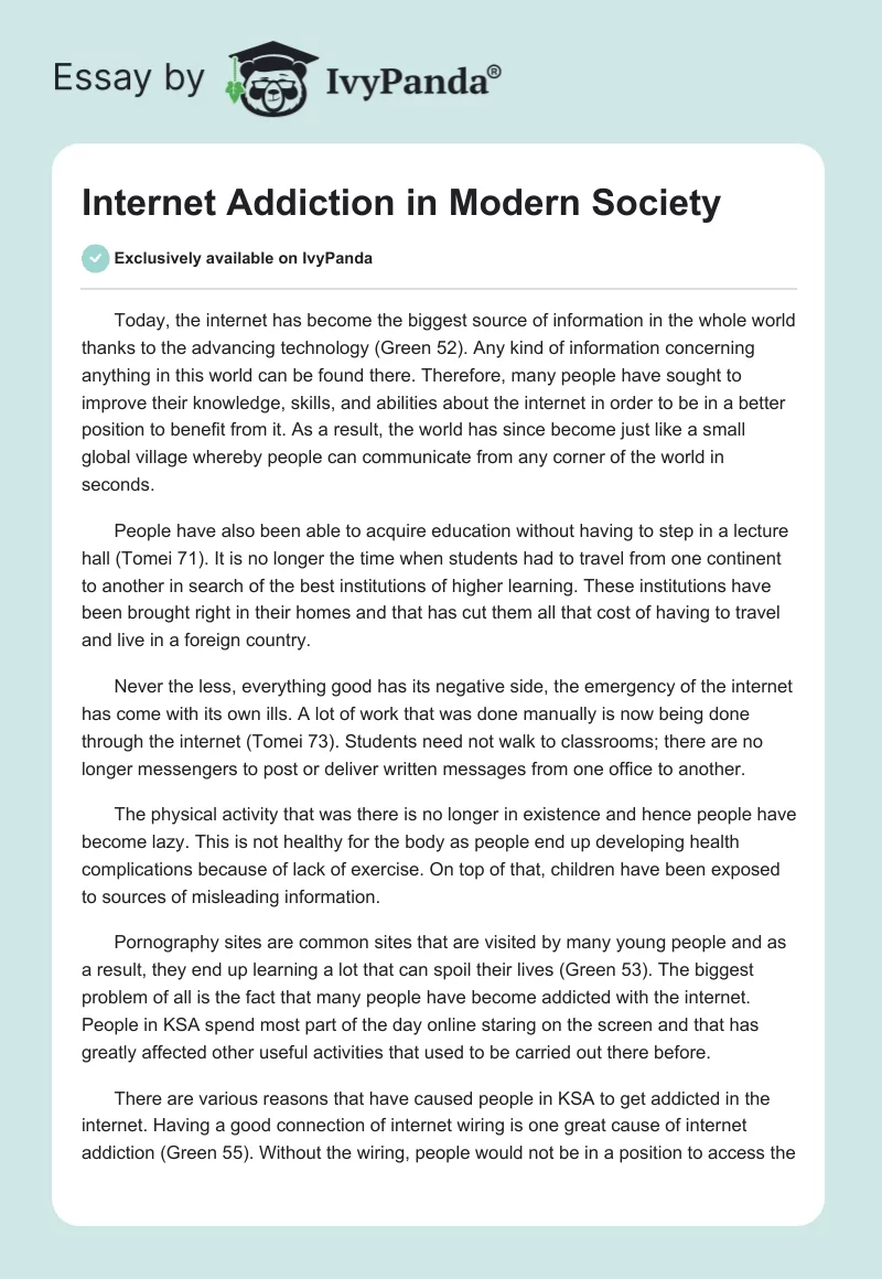 Internet Addiction in Modern Society. Page 1