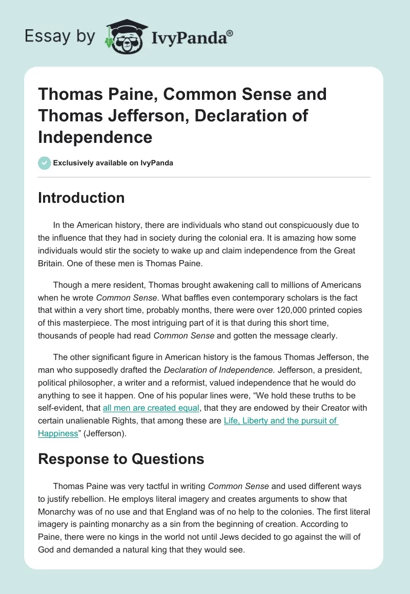 Thomas Paine, Common Sense and Thomas Jefferson, Declaration of Independence. Page 1