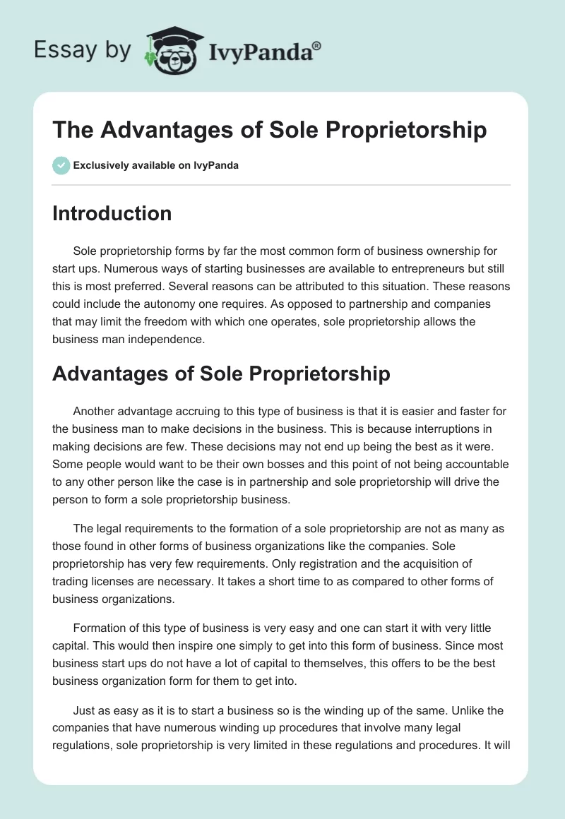 The Advantages of Sole Proprietorship. Page 1
