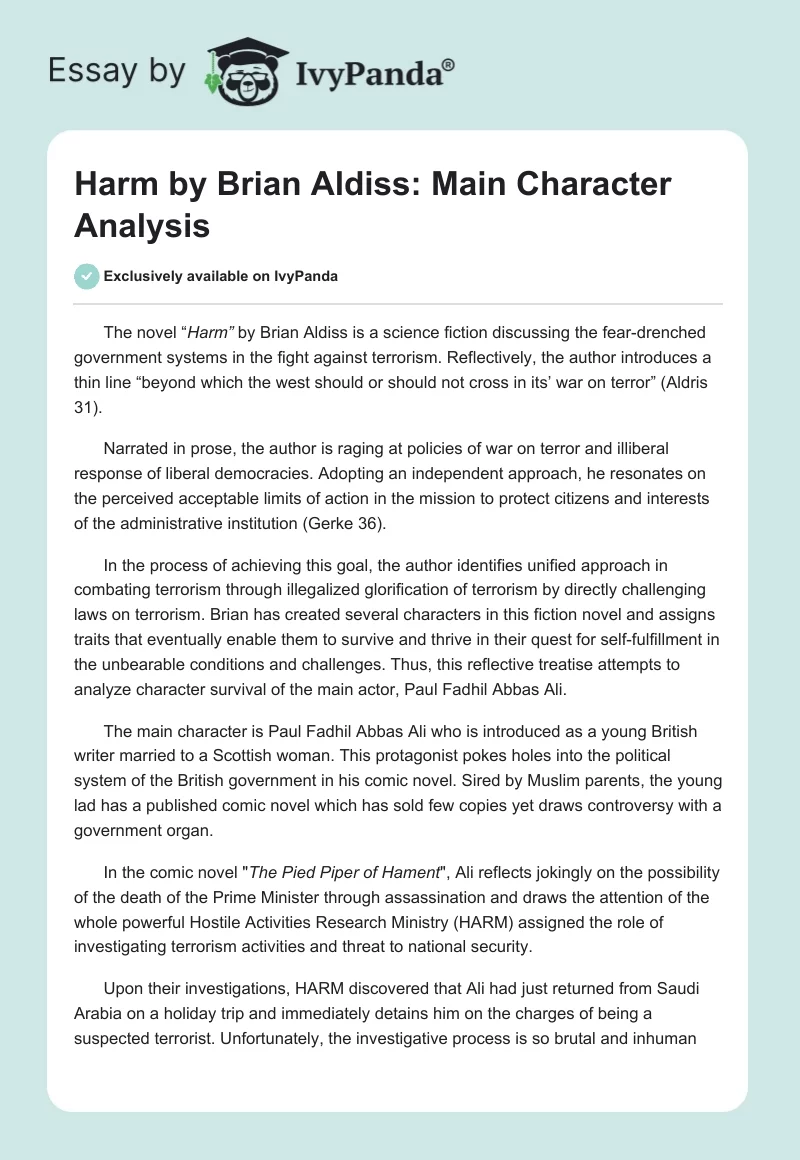 "Harm" by Brian Aldiss: Main Character Analysis. Page 1