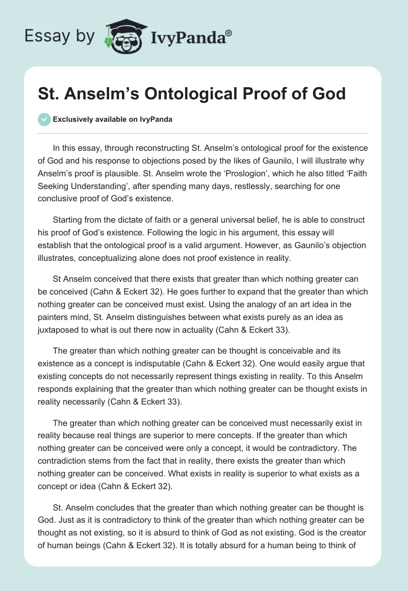 St. Anselm’s Ontological Proof of God. Page 1