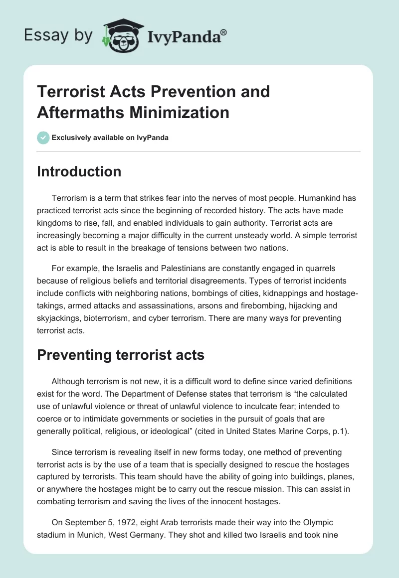 Terrorist Acts Prevention and Aftermaths Minimization. Page 1