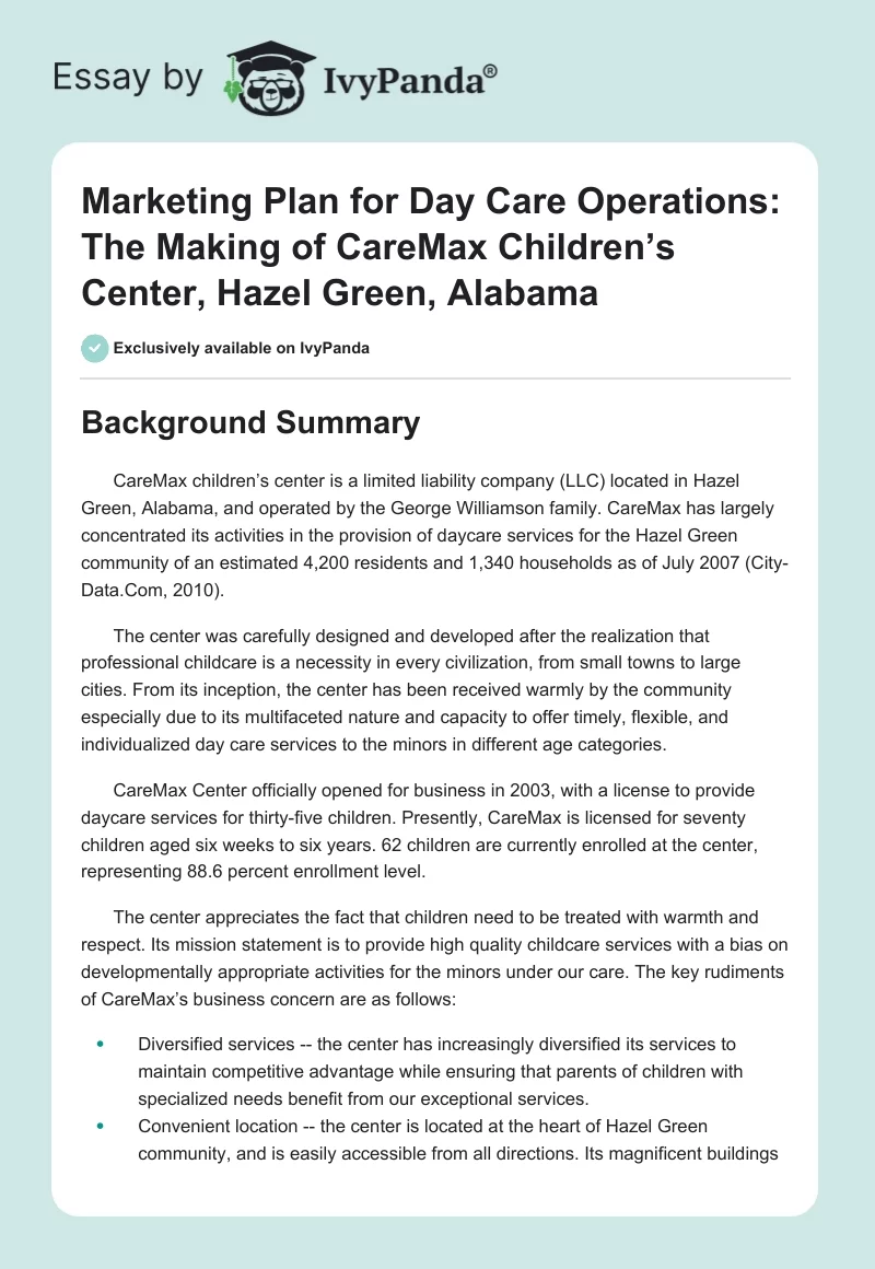 Marketing Plan for Day Care Operations: The Making of CareMax Children’s Center, Hazel Green, Alabama. Page 1