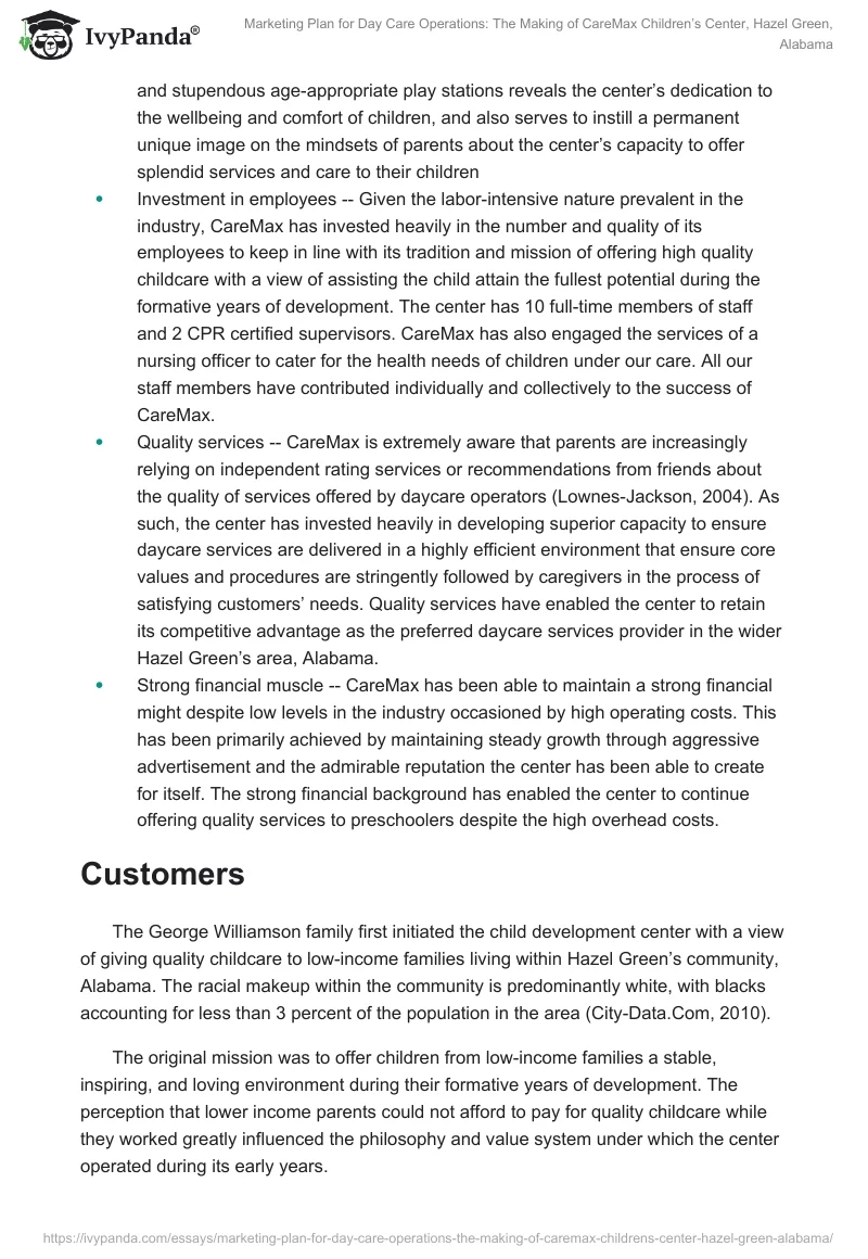 Marketing Plan for Day Care Operations: The Making of CareMax Children’s Center, Hazel Green, Alabama. Page 2