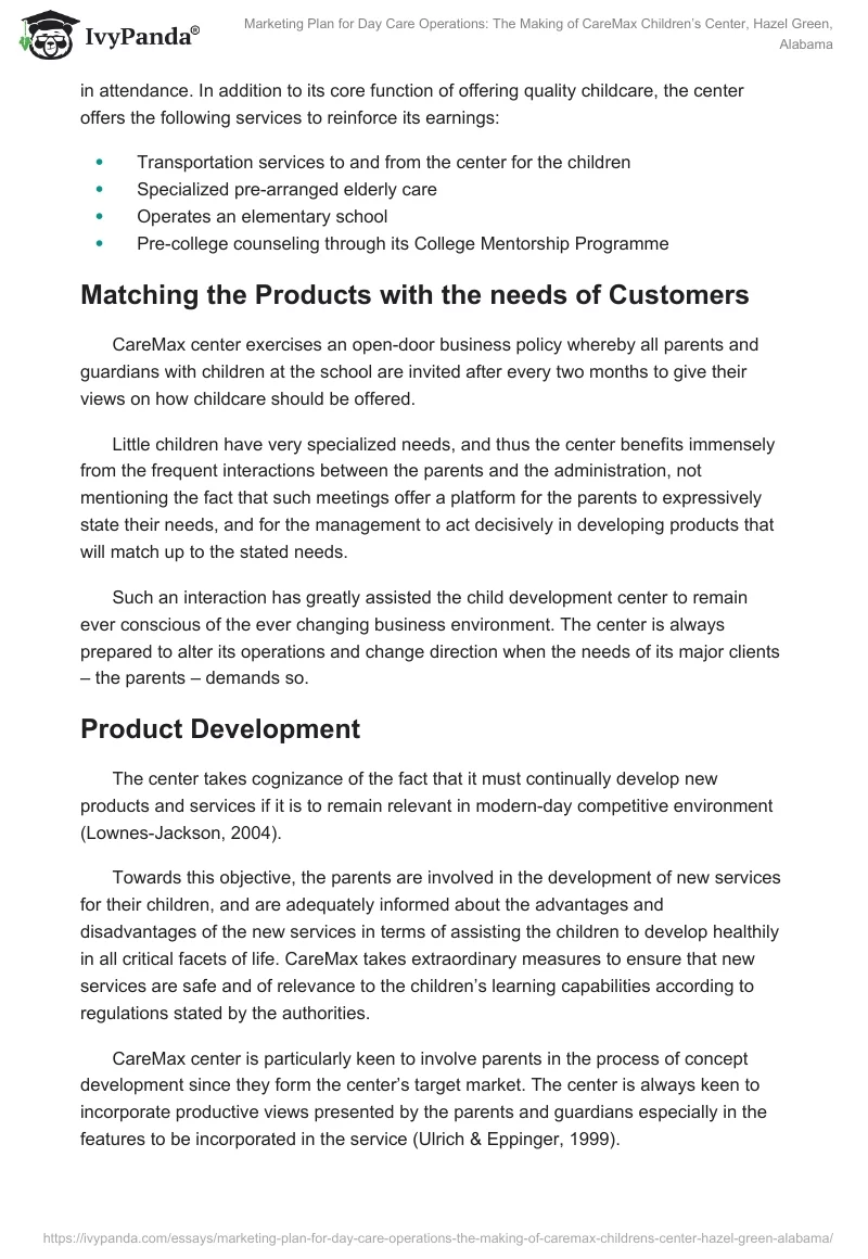 Marketing Plan for Day Care Operations: The Making of CareMax Children’s Center, Hazel Green, Alabama. Page 4