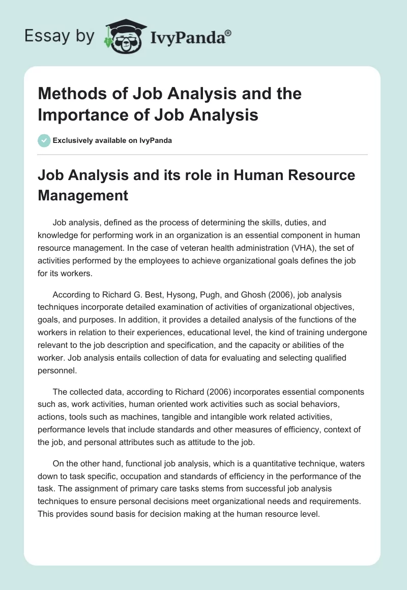 Methods of Job Analysis and the Importance of Job Analysis. Page 1