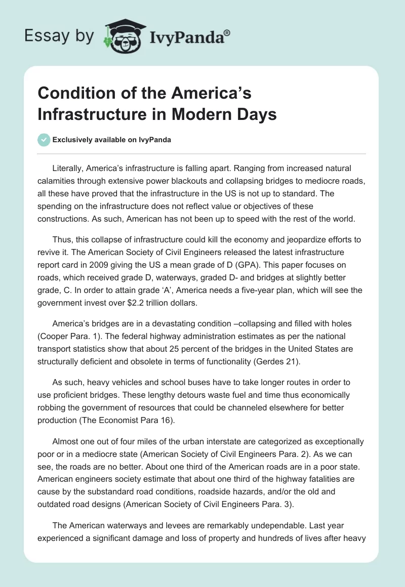 Condition of the America’s Infrastructure in Modern Days. Page 1
