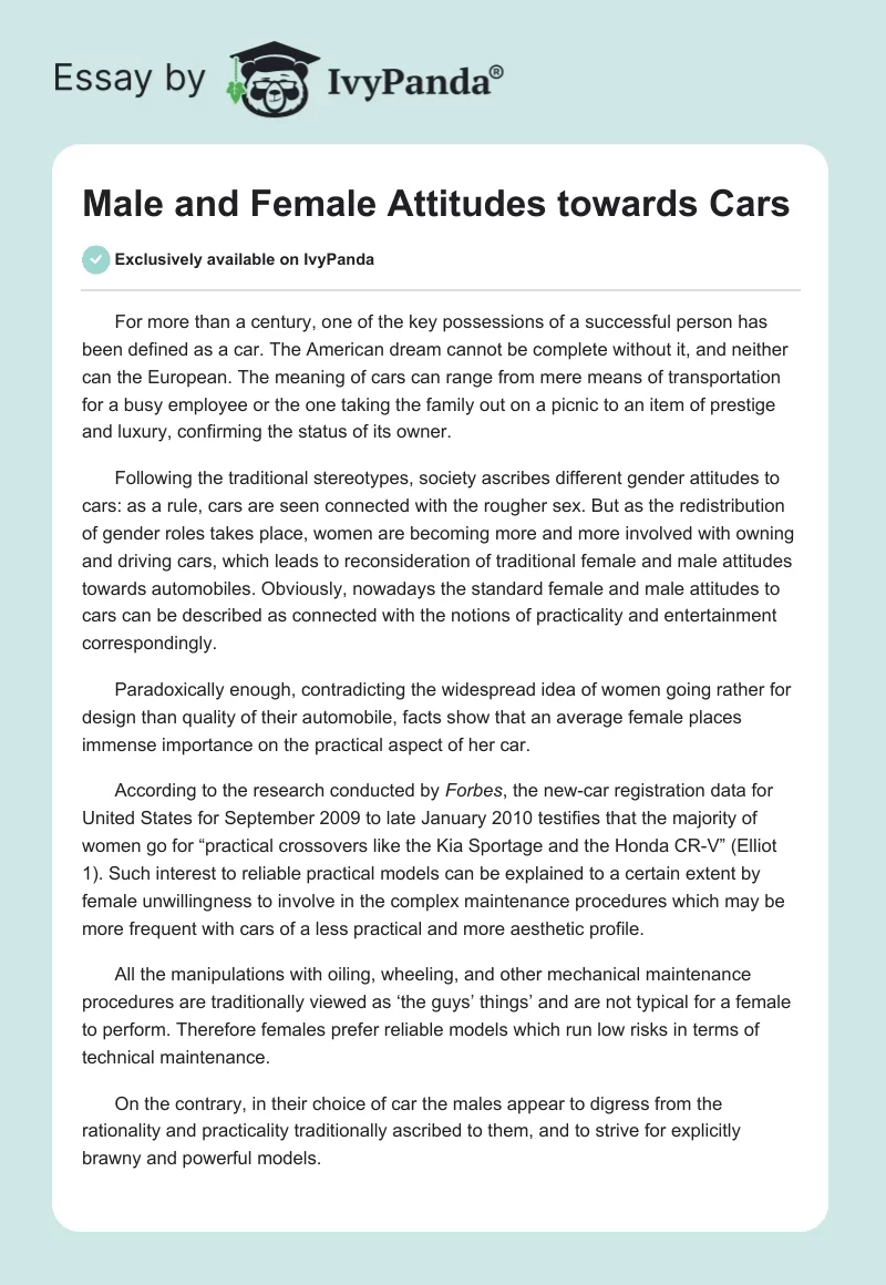 Male and Female Attitudes Towards Cars. Page 1