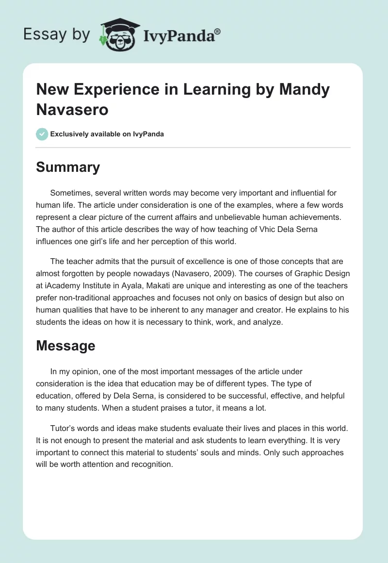 New Experience in Learning by Mandy Navasero. Page 1
