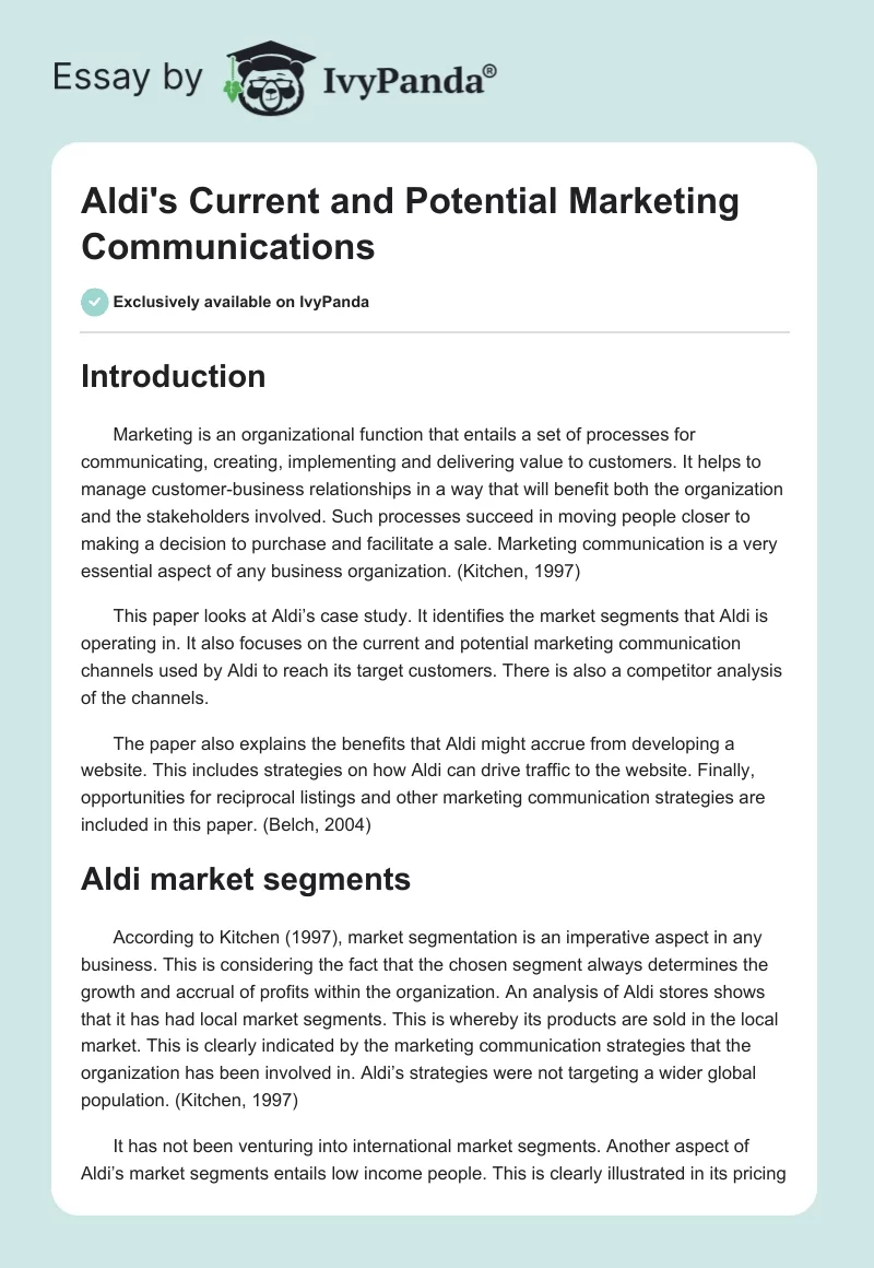 Aldi's Current and Potential Marketing Communications. Page 1