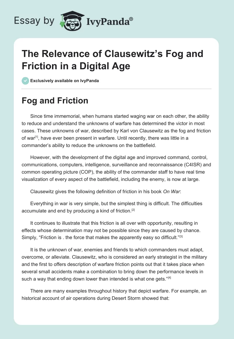 The Relevance of Clausewitz’s Fog and Friction in a Digital Age. Page 1