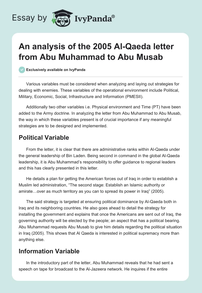 An Analysis of the 2005 Al-Qaeda Letter From Abu Muhammad to Abu Musab. Page 1
