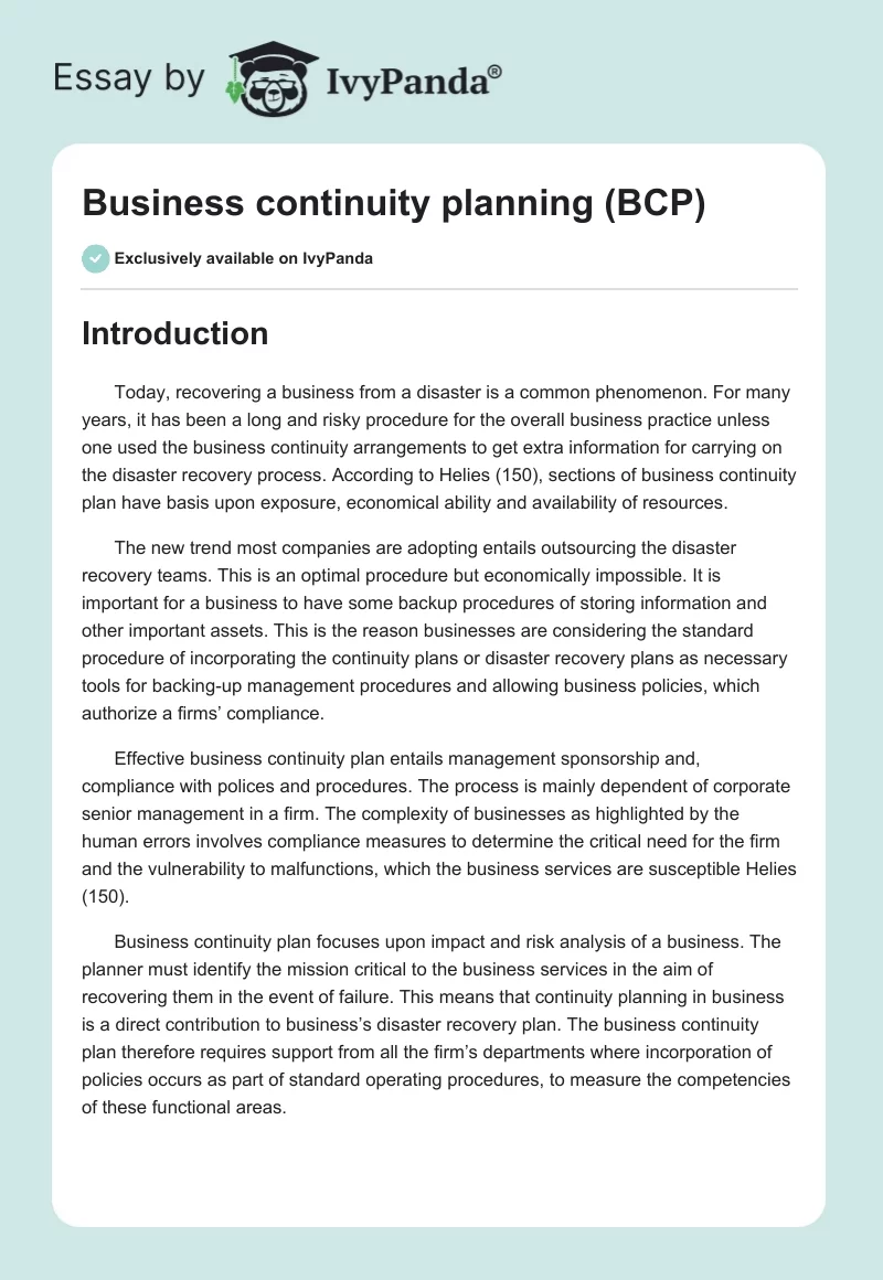 Business continuity planning (BCP). Page 1