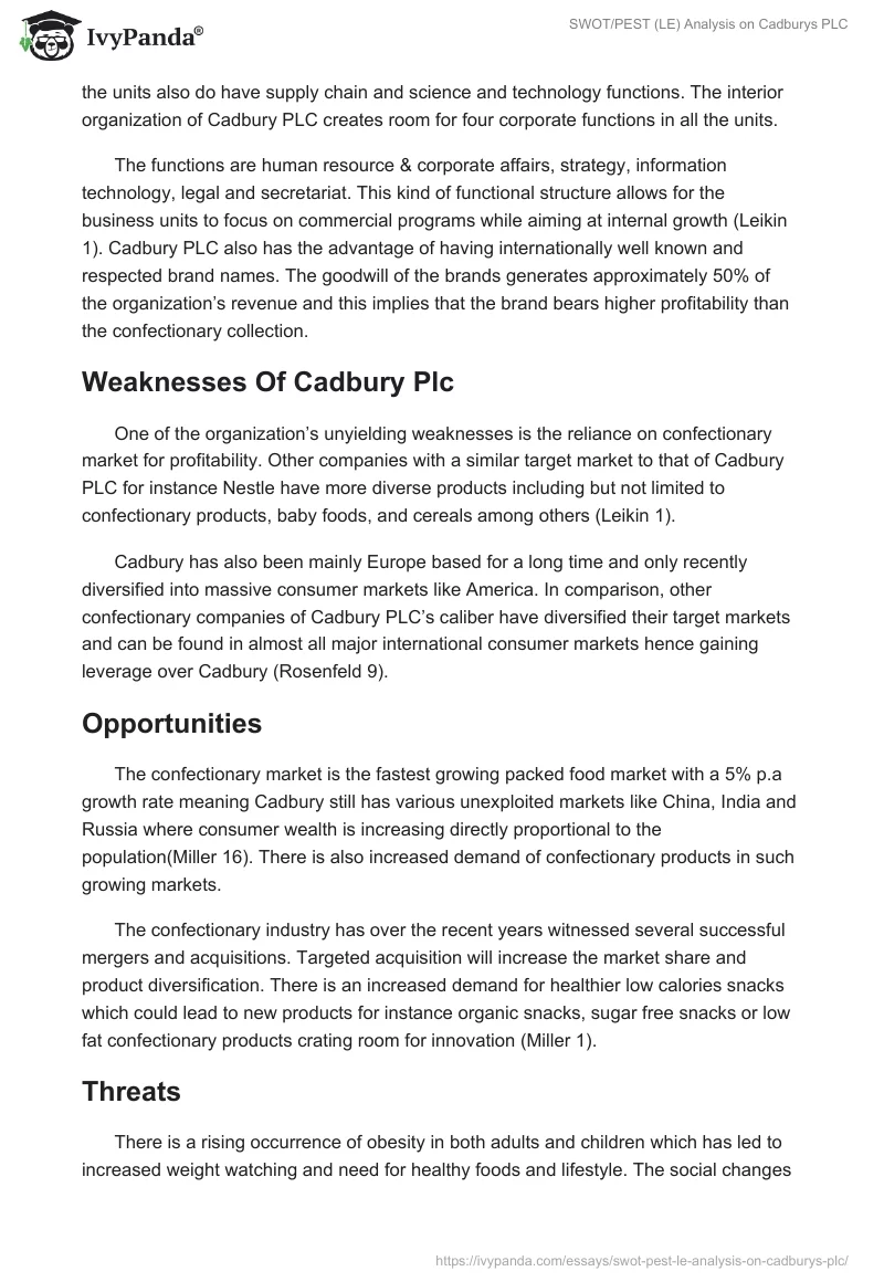 SWOT/PEST (LE) Analysis on Cadburys PLC. Page 2