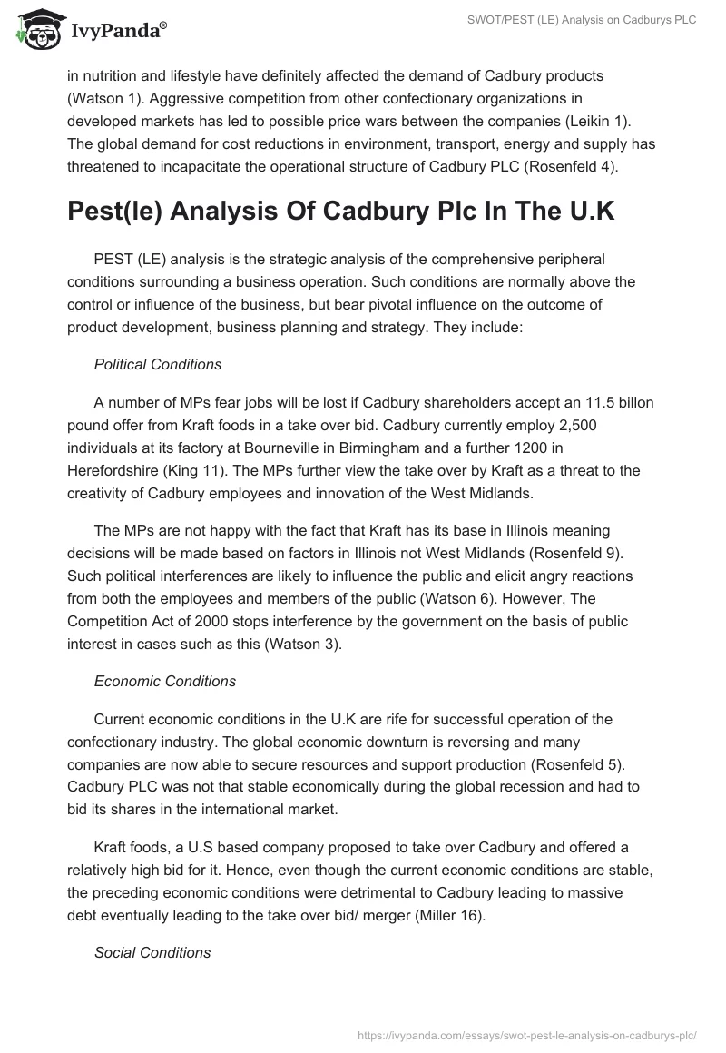 SWOT/PEST (LE) Analysis on Cadburys PLC. Page 3