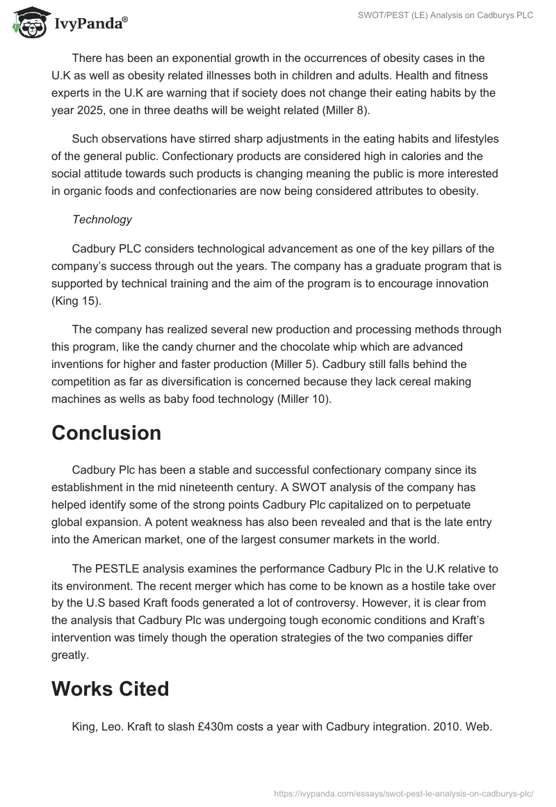 SWOT/PEST (LE) Analysis on Cadburys PLC. Page 4
