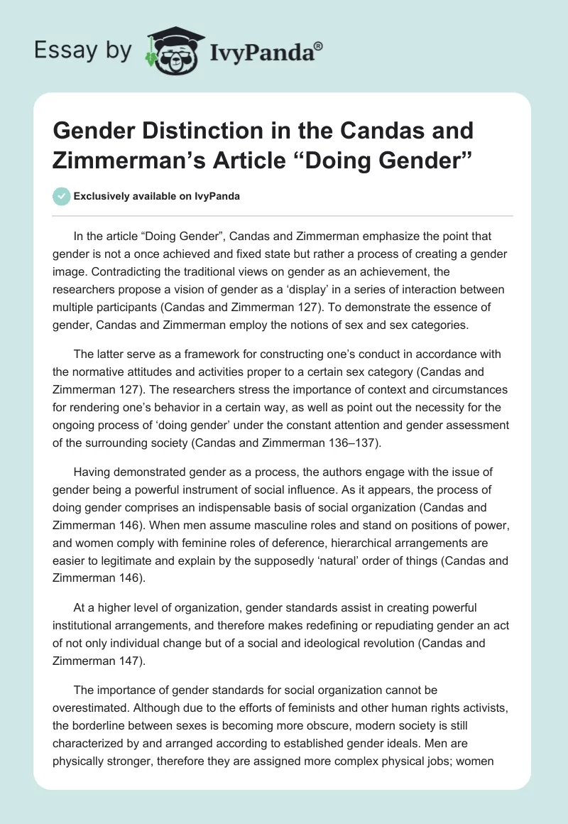Gender Distinction in the Candas and Zimmerman’s Article “Doing Gender”. Page 1