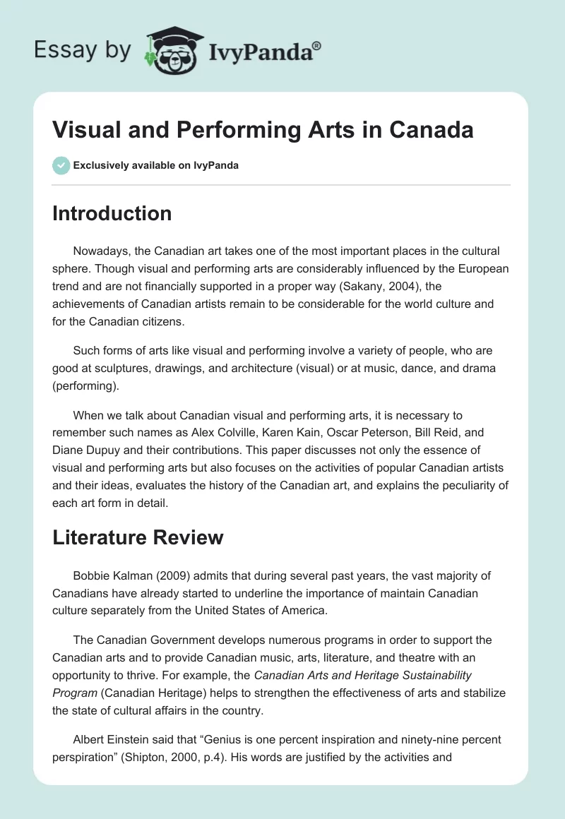 Visual and Performing Arts in Canada. Page 1